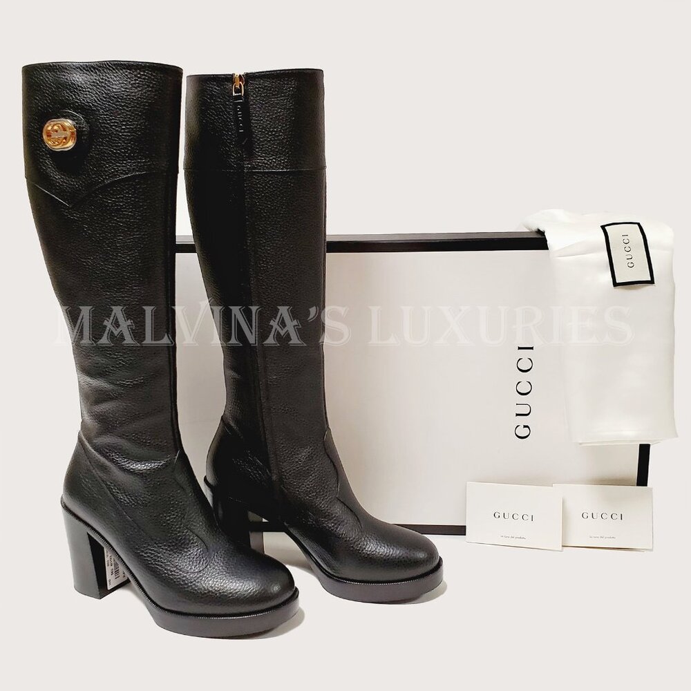 GUCCI BOOTS BLACK LEATHER TALL INTERLOCKING G LOGO sz IT 40.5 US 10.5 - Picture 2 of 16